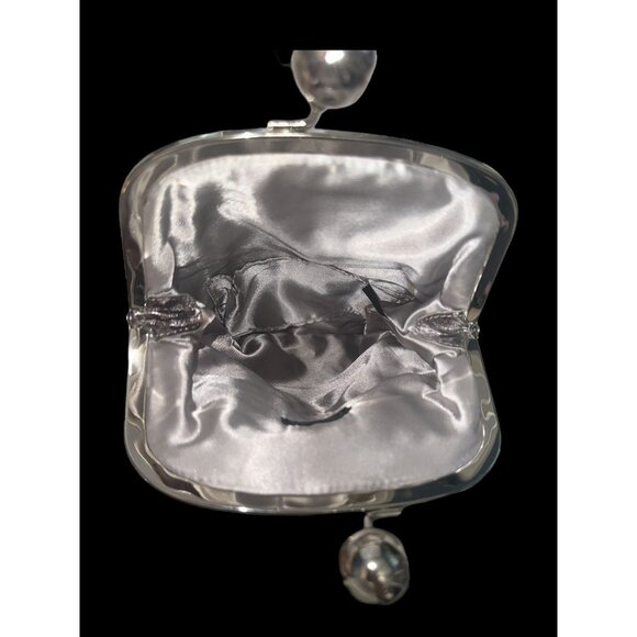 Bebe Purse Silver Leather Fold Over Kiss Lock Clutch Dome Frame Evening Handbag - Picture 8 of 9